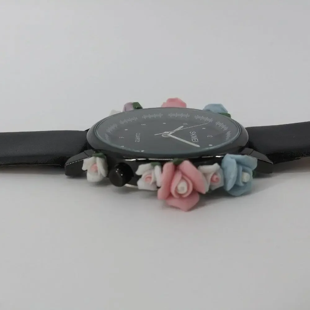 Skmei Women's Black Watch 3D Floral Flowers Water - Picture 3 of 8
